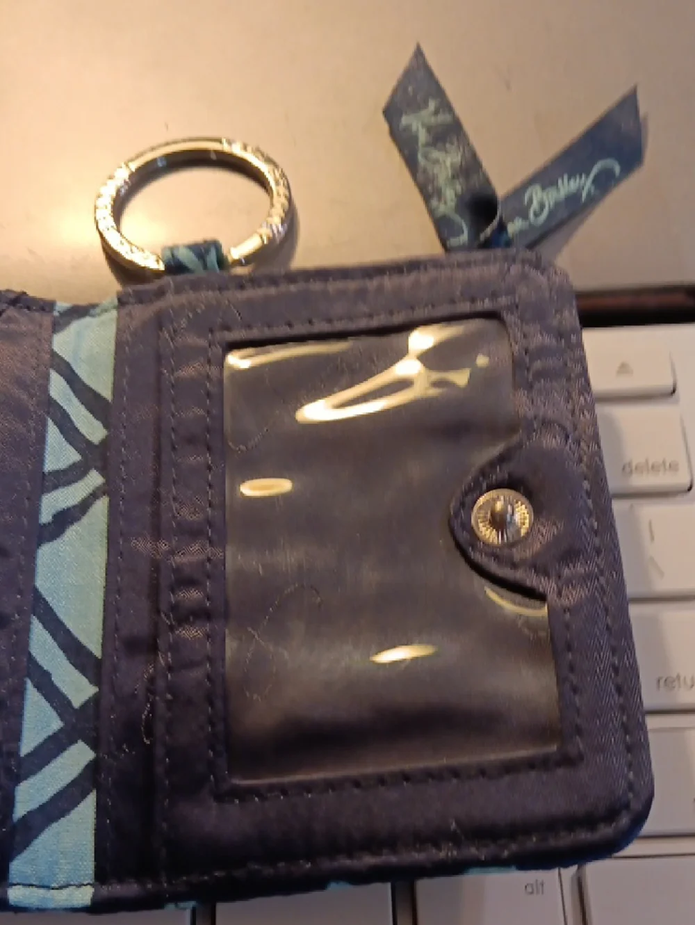Vera Bradley Zip ID Case in a blue batik-inspired geometric pattern. - Picture 6 of 11